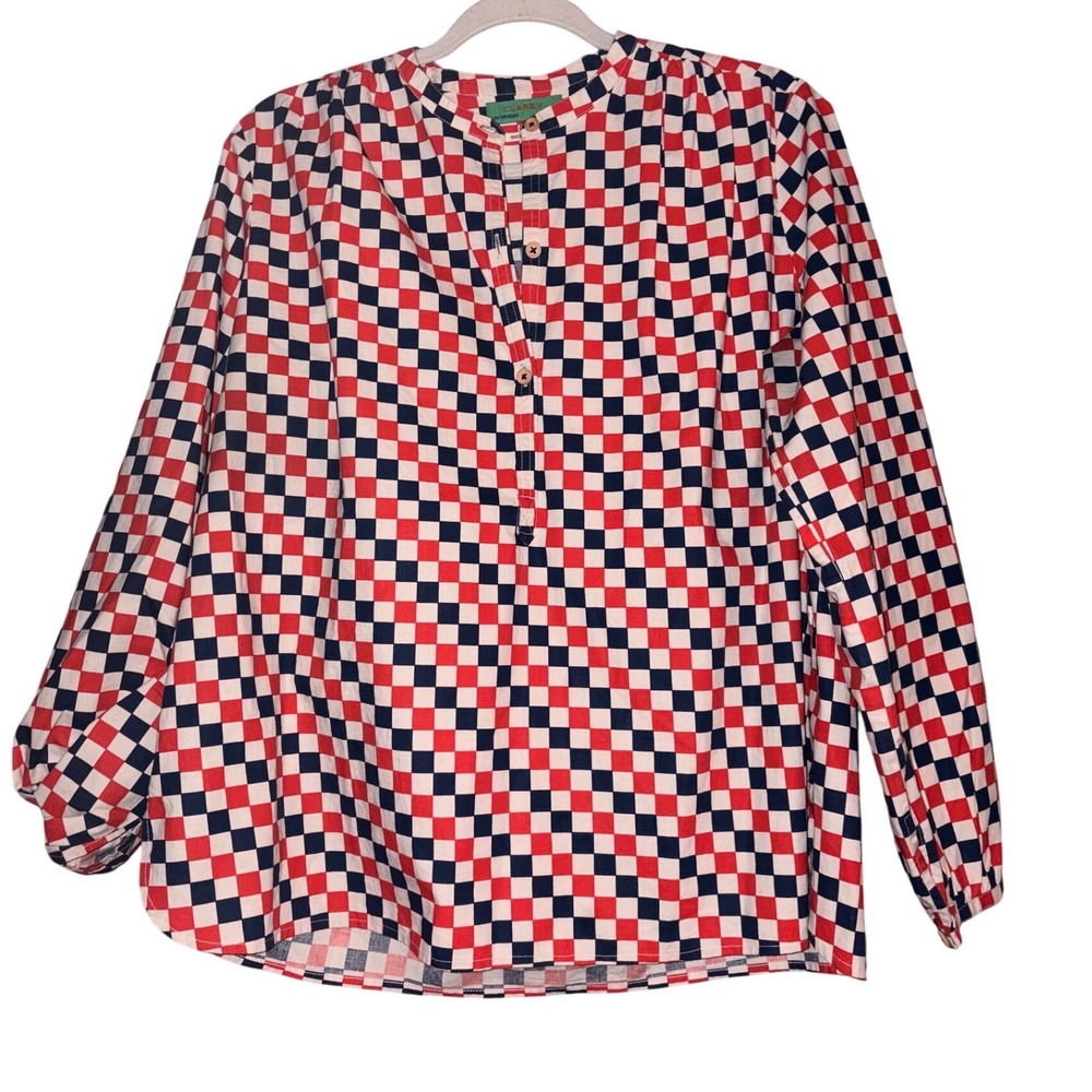 Clare V. Women Red Navy Blue Checkered Cotton Henley Blouse Size M Long Sleeve
